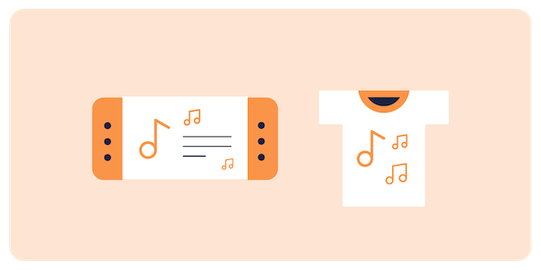 An orange illustration showing a concert ticket and t-shirt